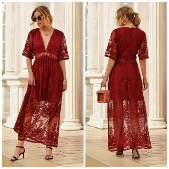 Southern Fried Chics Red Lace Maxi Dress XS NWT Romantic Boho Sheer Overlay NWT - Picture 1 of 16